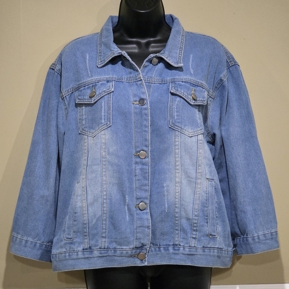 Jackets & Blazers - Women's Distressed Light Blue ¾ Length Sleeve Denim Jeans Jacket  Size XL